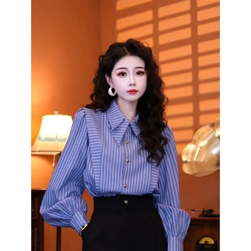 Blue Striped Long-sleeved Shir - Summer Clothing In French avaliação e preço