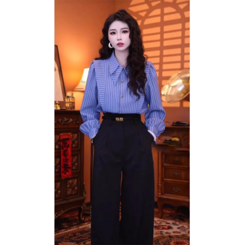 Blue Striped Long-sleeved Shir - Summer Clothing In French avaliação e preço