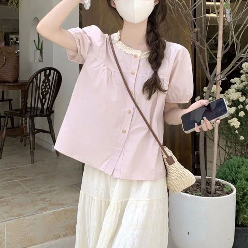 Fashionable Lace Spliced Shirt - Summer Clothing In French avaliação e preço