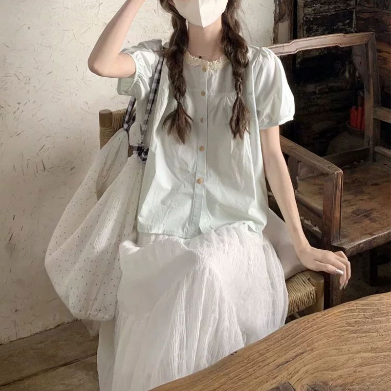 Fashionable Lace Spliced Shirt - Summer Clothing In French avaliação e preço