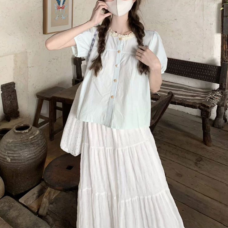 Fashionable Lace Spliced Shirt - Summer Clothing In French avaliação e preço